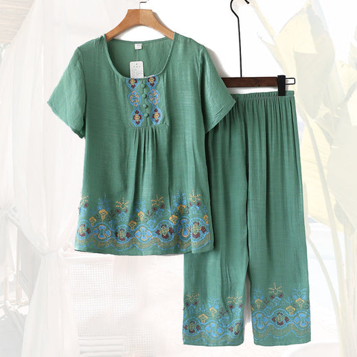 Traje de ocio de verano de dos piezas de algodón-lino