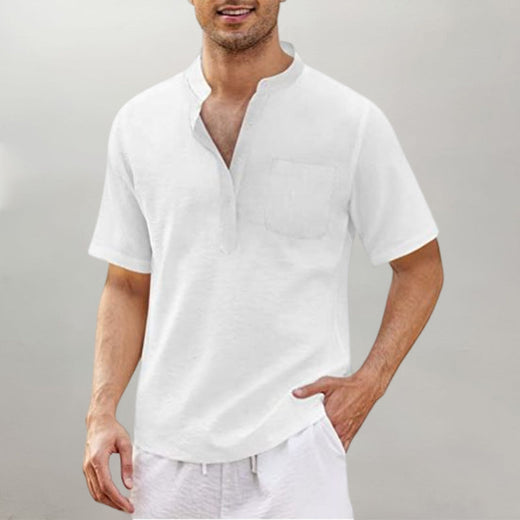 Camisa De Lino Y Algodón Para Hombre Camiseta Negra Con Cuello Levantado