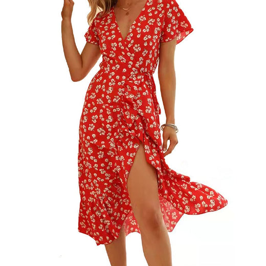 Vestido de playa con abertura y cuello en V con estampado de gasa