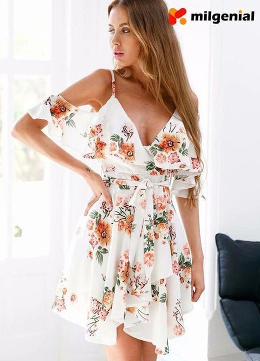 Vestido Estampado Fuera Del Hombro - Blanco