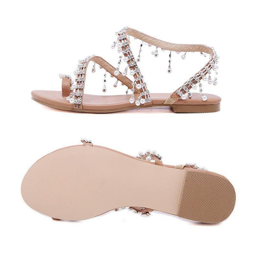 Sandalias Decoradas con Perlas de Estilo Romano, Tacón Plano.