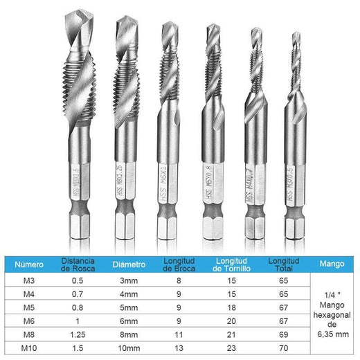 Brocas de Taladro de Perforar y Roscar 6 piezas