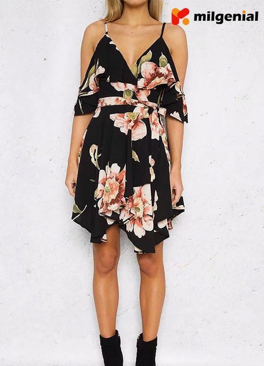 Vestido Estampado Fuera Del Hombro - Negro