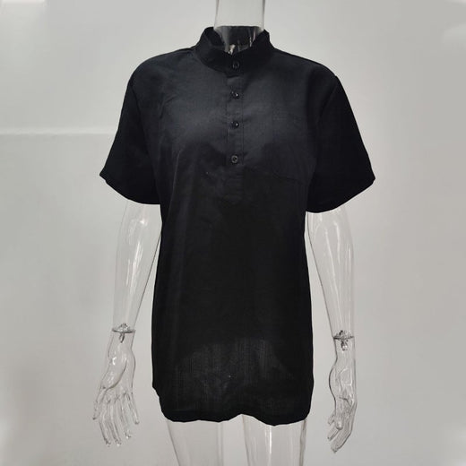 Camisa De Lino Y Algodón Para Hombre Camiseta Negra Con Cuello Levantado