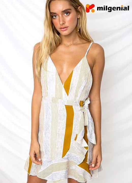 Vestido Estampado Con Volantes En la Base - Amarillo y blanco