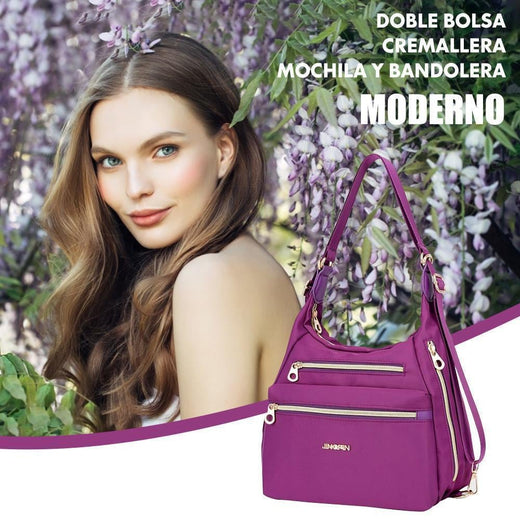 Bolso con doble cremalleras, también mochila y bandolera