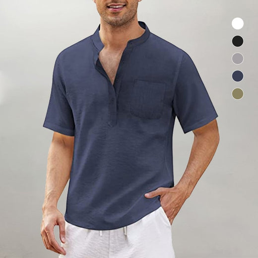 Camisa De Lino Y Algodón Para Hombre Camiseta Negra Con Cuello Levantado