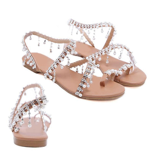 Sandalias Decoradas con Perlas de Estilo Romano, Tacón Plano.