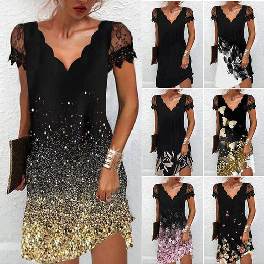 Vestido estampado de manga corta con encaje y cuello en V para mujer