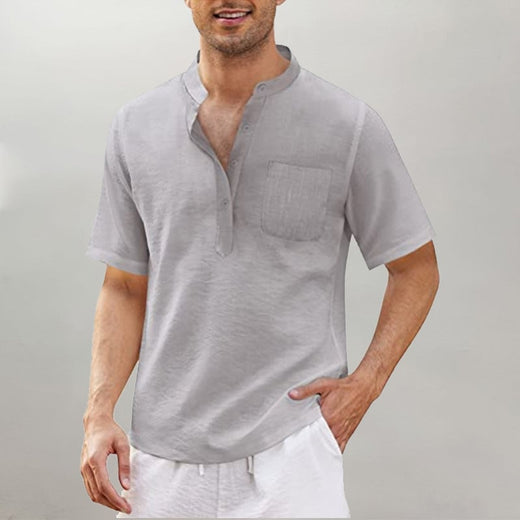 Camisa De Lino Y Algodón Para Hombre Camiseta Negra Con Cuello Levantado