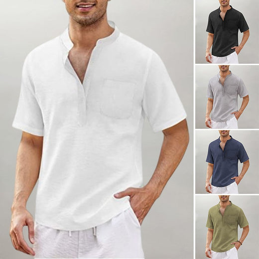 Camisa De Lino Y Algodón Para Hombre Camiseta Negra Con Cuello Levantado