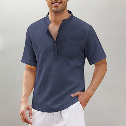 Camisa De Lino Y Algodón Para Hombre Camiseta Negra Con Cuello Levantado