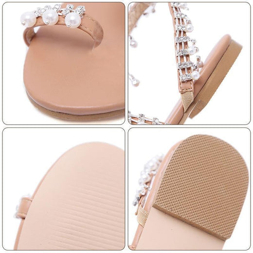 Sandalias Decoradas con Perlas de Estilo Romano, Tacón Plano.