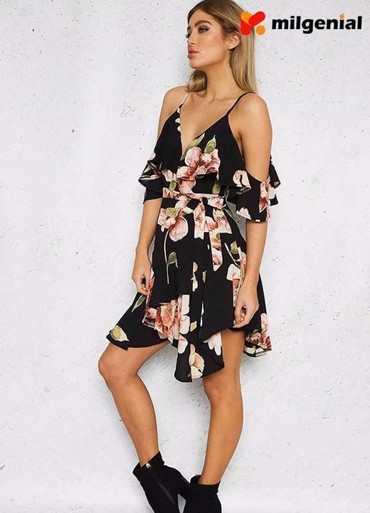 Vestido Estampado Fuera Del Hombro - Negro