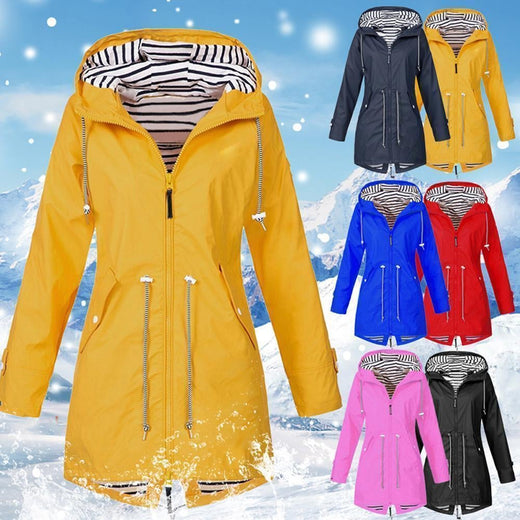 Chaqueta larga con capucha plegable impermeable