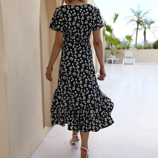 Vestido de playa con abertura y cuello en V con estampado de gasa