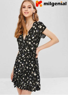 Vestido Negro Estampado de Flores V-collar