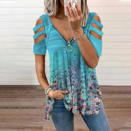 Camiseta estampada con cuello en V y cremallera